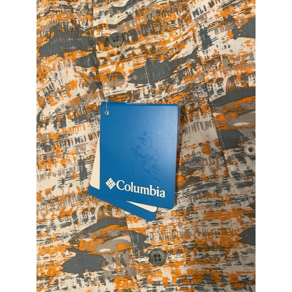Columbia Shirt Men Size L Orange & Gray Fish Pattern PFG Button Up Fishing Shirt - Picture 3 of 10